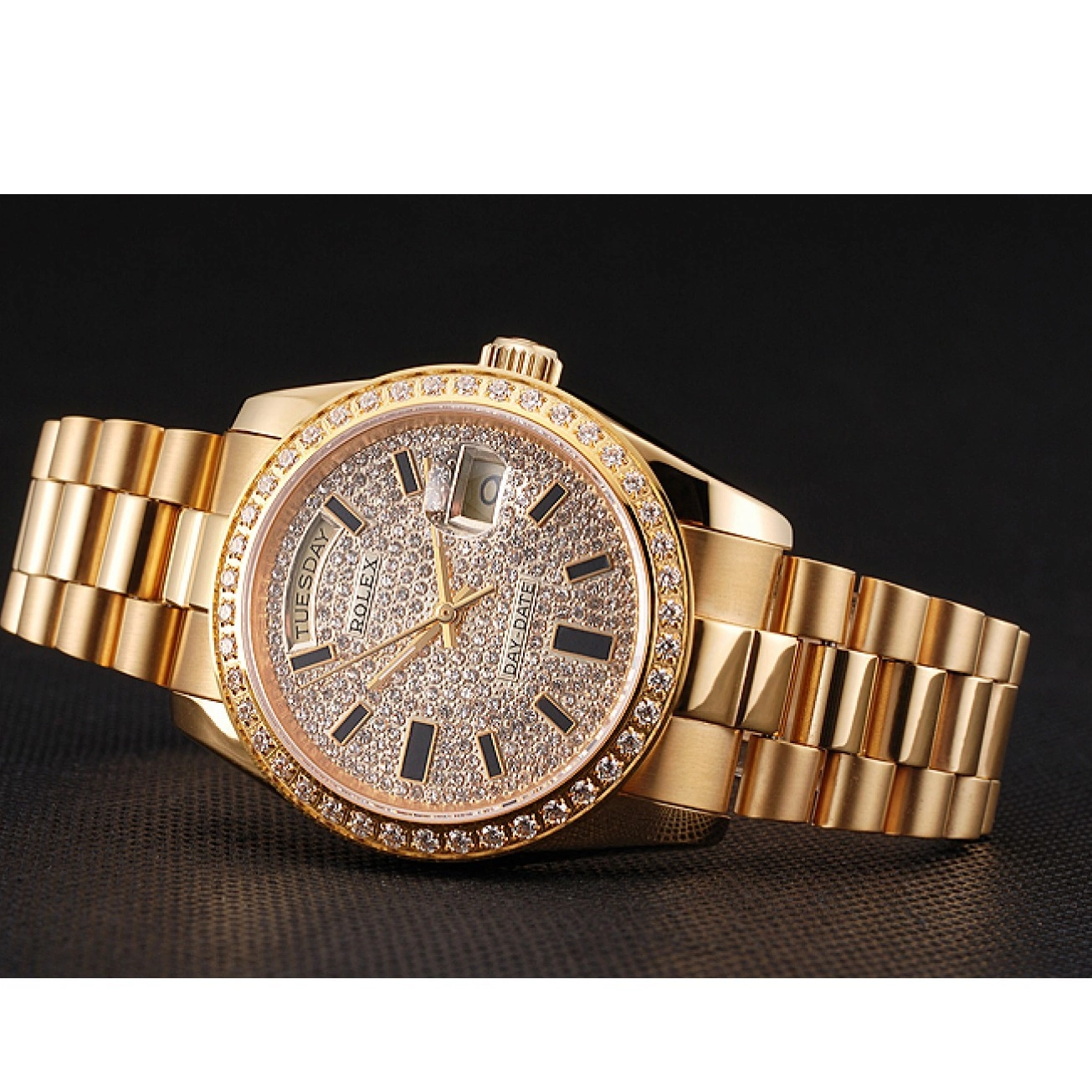 Aaa replica Bezel And And Date Rolex Dial Gold Pave Diamond Bracelet Case Day Swiss 0518